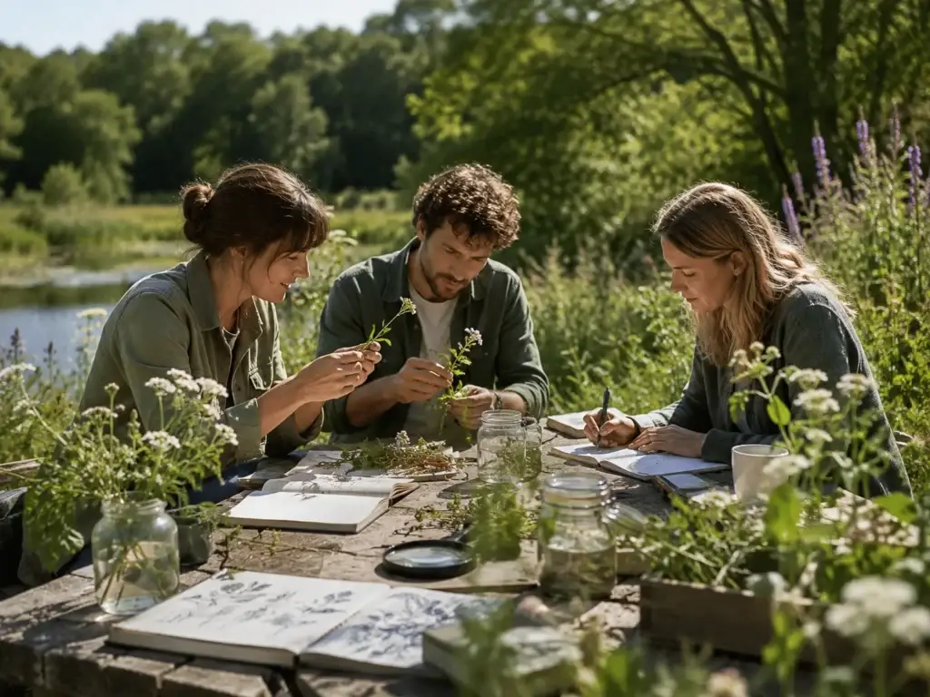 Drie deelnemers bestuderen wilde planten en noteren waarnemingen tijdens een natuuronderzoek bij een vijver