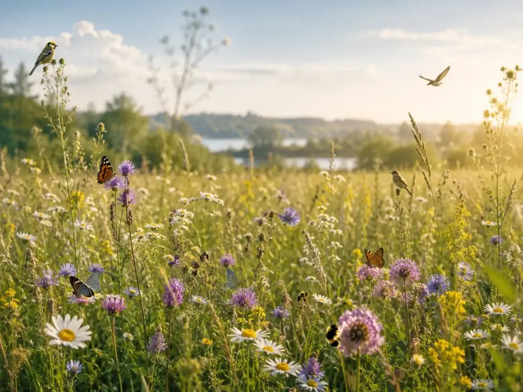 Biodiverse bloemenweide met wilde bloemen, vlinders, bijen en vogels in het warme zonlicht