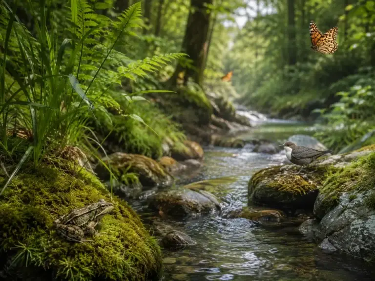 Natuurlijke bosbeek met varens, mos, een kikker, vlinder, libel en vogel in een gezond ecosysteem