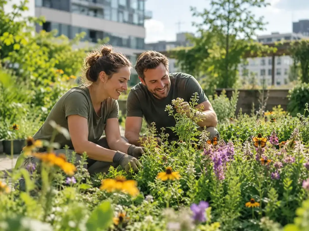 Twee vrijwilligers verzorgen inheemse bloemen en planten in een groene stadstuin vol vlinders en insecten