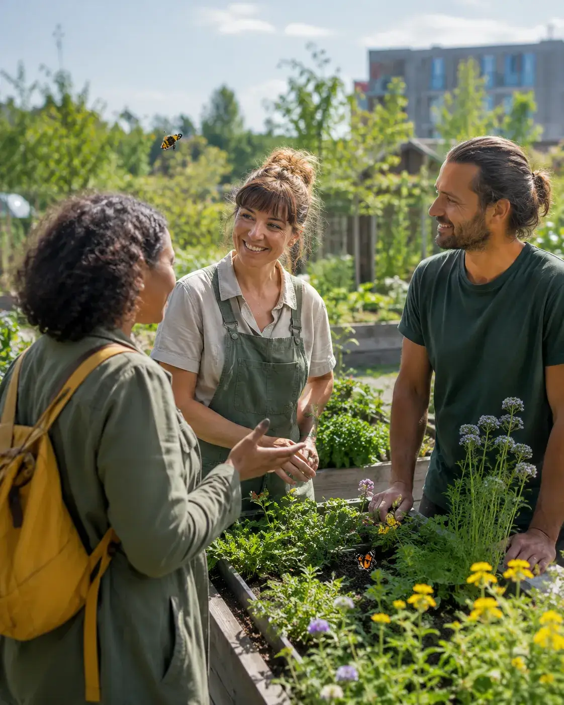 Drie mensen voeren een gesprek tussen inheemse bloemen en planten in een duurzame stedelijke tuin