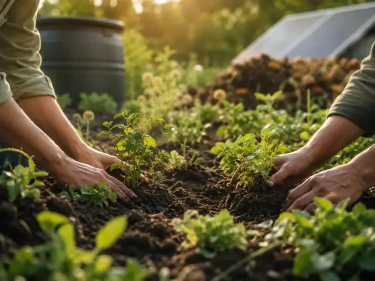 Handen planten inheemse planten in gezonde aarde bij een duurzame en groene tuin
