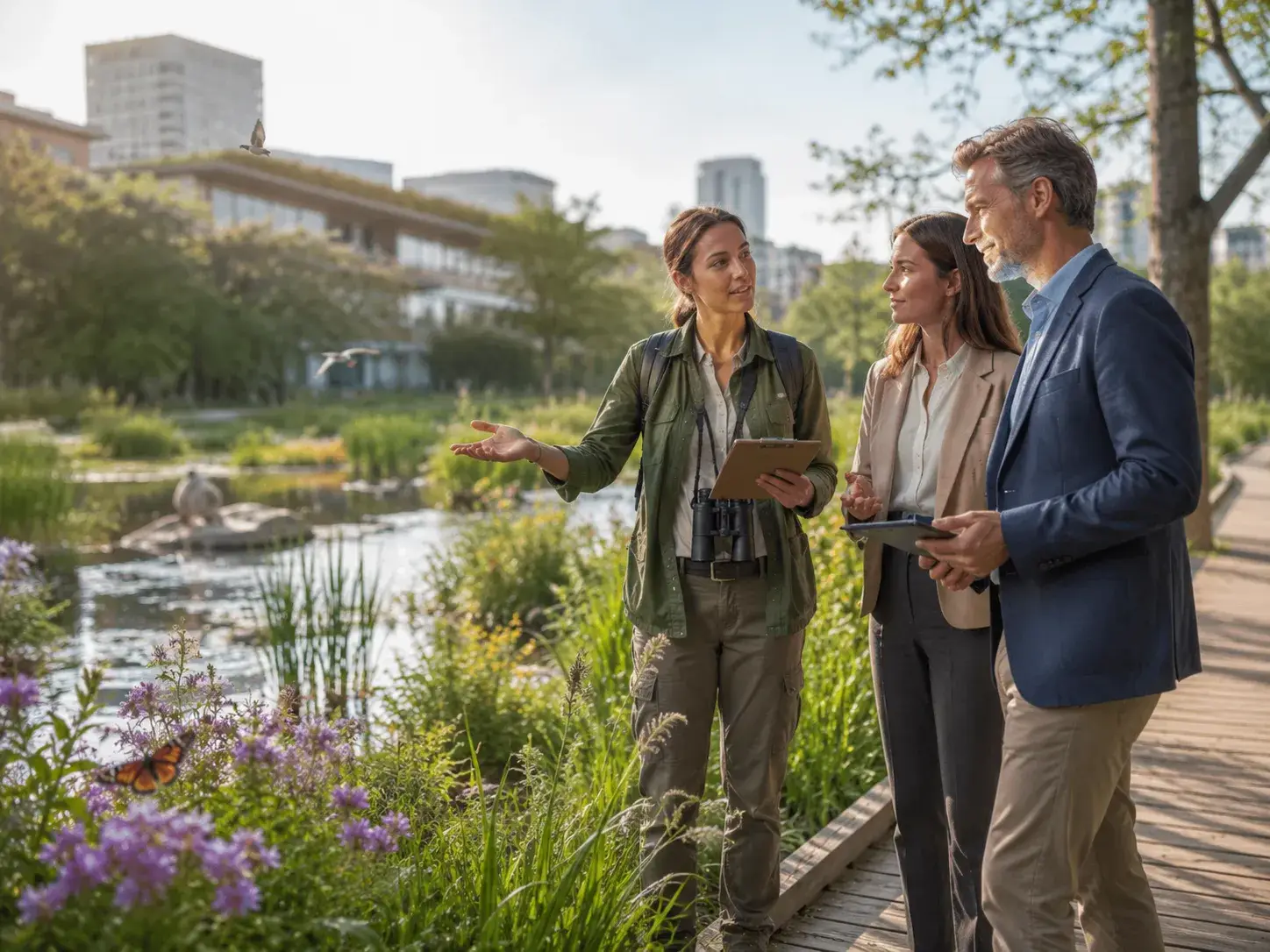 Natuurexpert en zakelijke partners bespreken biodiversiteit in een groen stedelijk natuurgebied