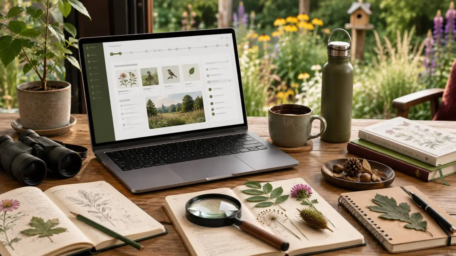 Natuurgerichte werkplek met laptop, veldnotitieboek, bladeren, vergrootglas en planten voor het documenteren van biodiversiteitsprojecten.