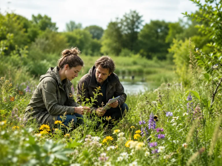 Twee natuuronderzoekers bestuderen wilde planten en insecten in een biodivers natuurgebied bij het water