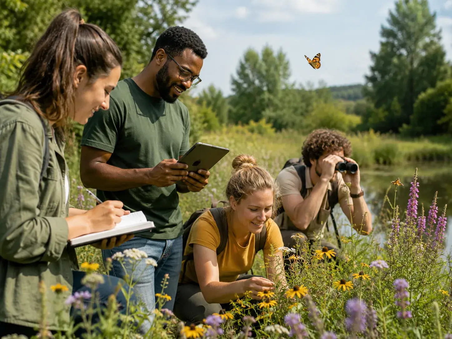 Vrijwilligers onderzoeken bloemen, insecten en vogels in een biodivers natuurgebied bij het water