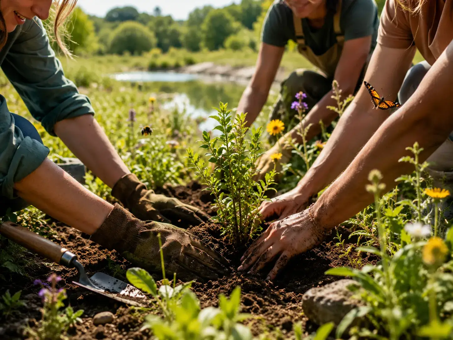 Verschillende mensen planten samen een inheemse struik voor biodiversiteit en duurzaam natuurherstel