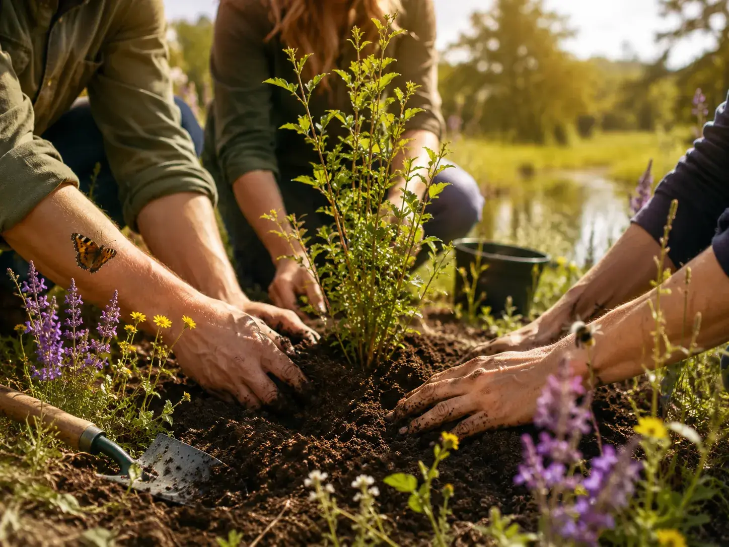 Meerdere mensen planten samen een inheemse struik tussen wilde bloemen voor duurzaam natuurherstel