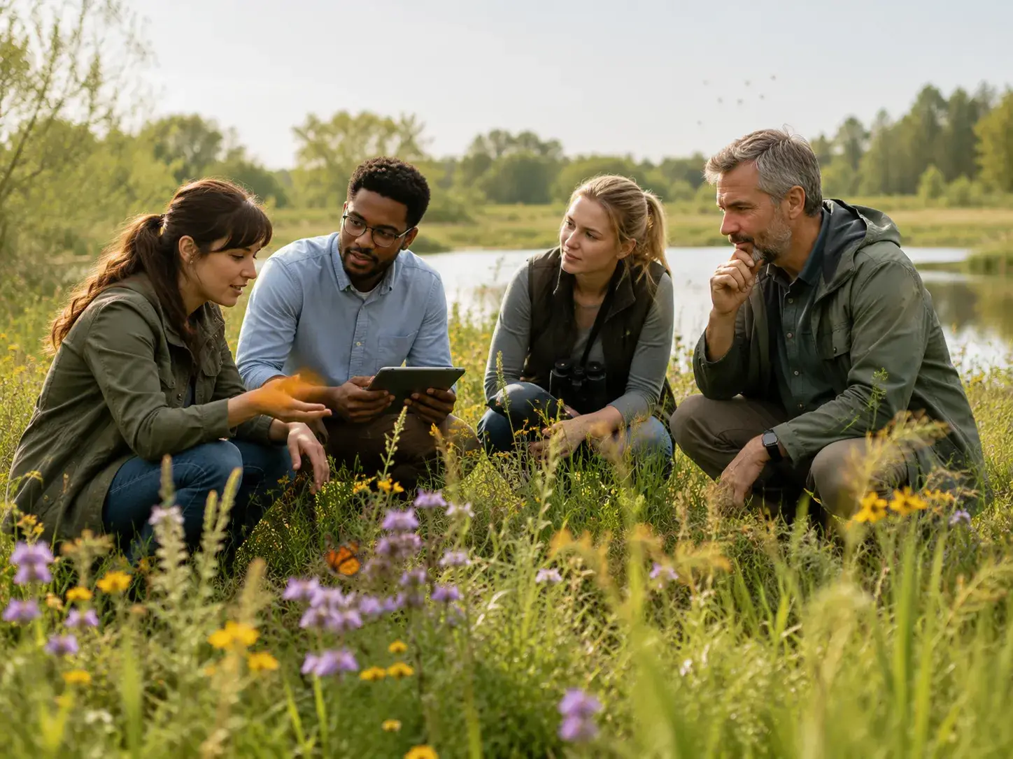 Partners bespreken samen biodiversiteit en natuurherstel in een bloemrijk natuurgebied bij het water