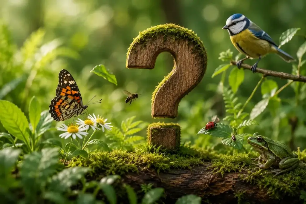 Houten vraagteken tussen bloemen, planten, een vlinder, bij, lieveheersbeestje, kikker en vogel in een biodivers natuurgebied